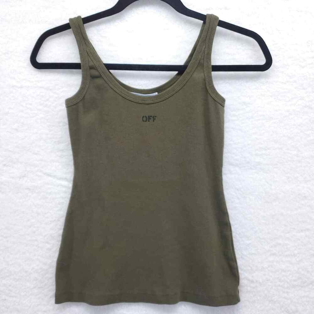 Off-White Women's Olive Green Logo Stretch Ribbed Tank Top XS